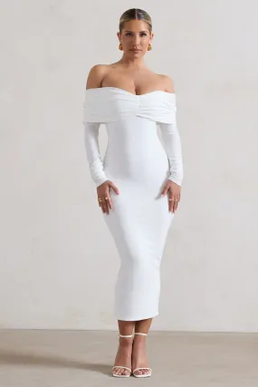 Marcella | White Bodycon Bardot Midi Dress