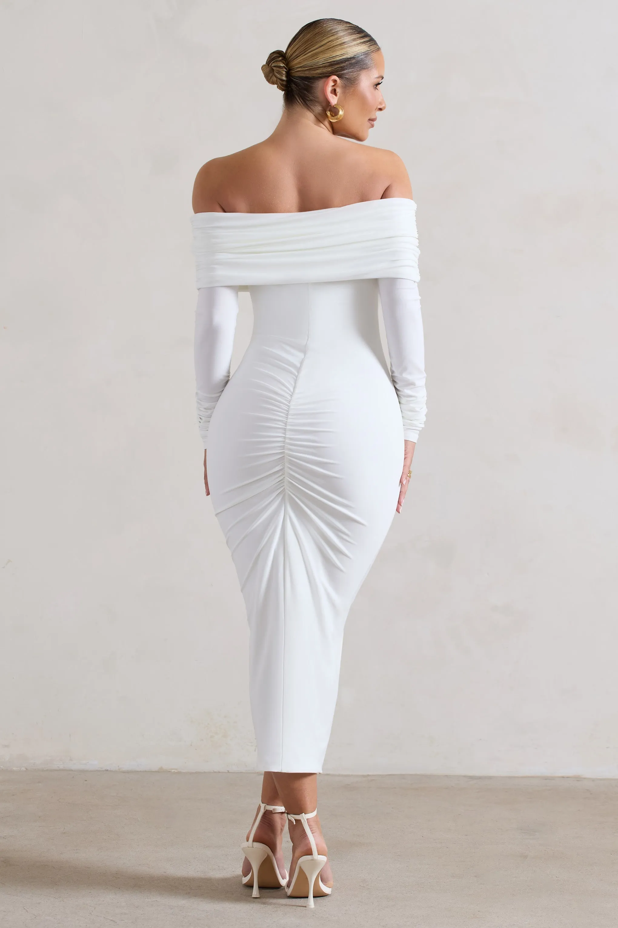 Marcella | White Bodycon Bardot Midi Dress