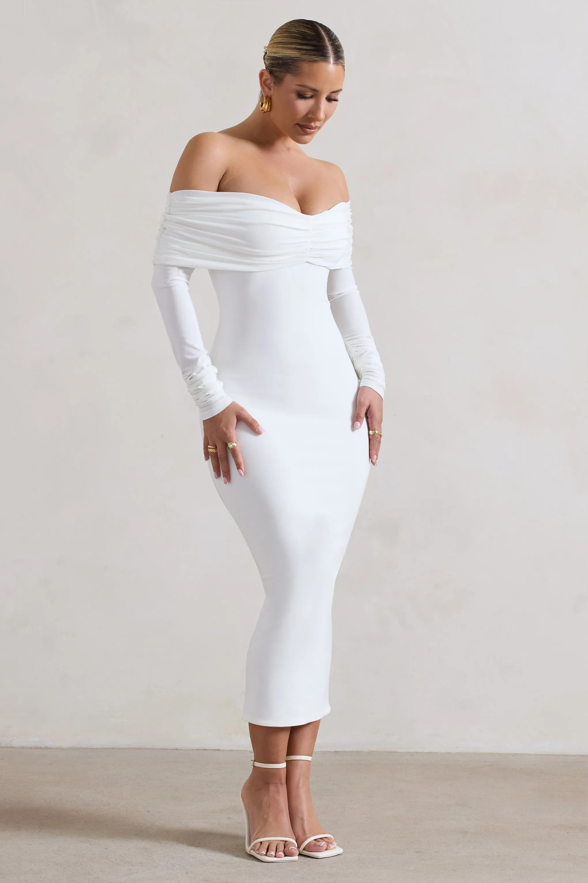 Marcella | White Bodycon Bardot Midi Dress