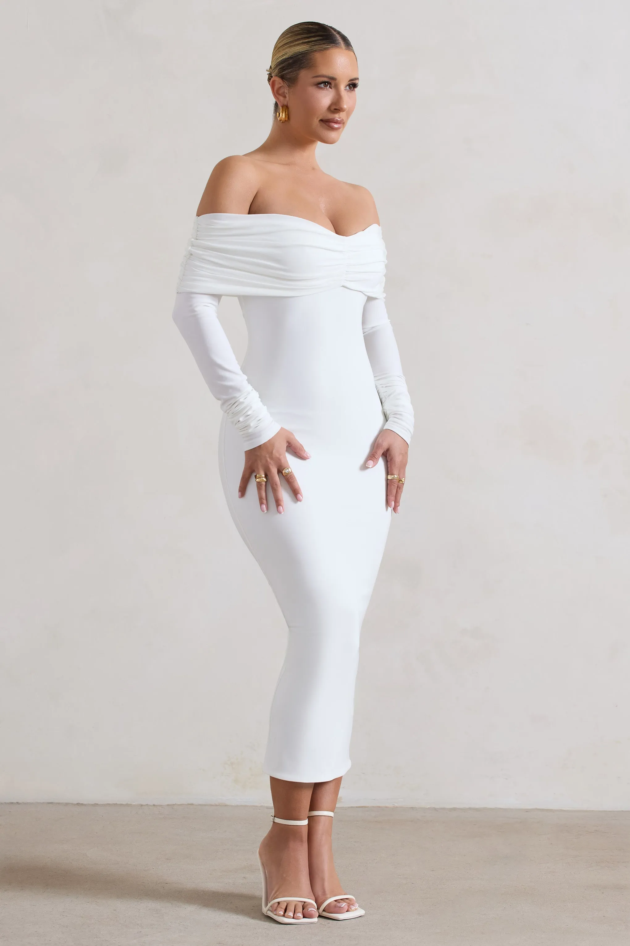 Marcella | White Bodycon Bardot Midi Dress