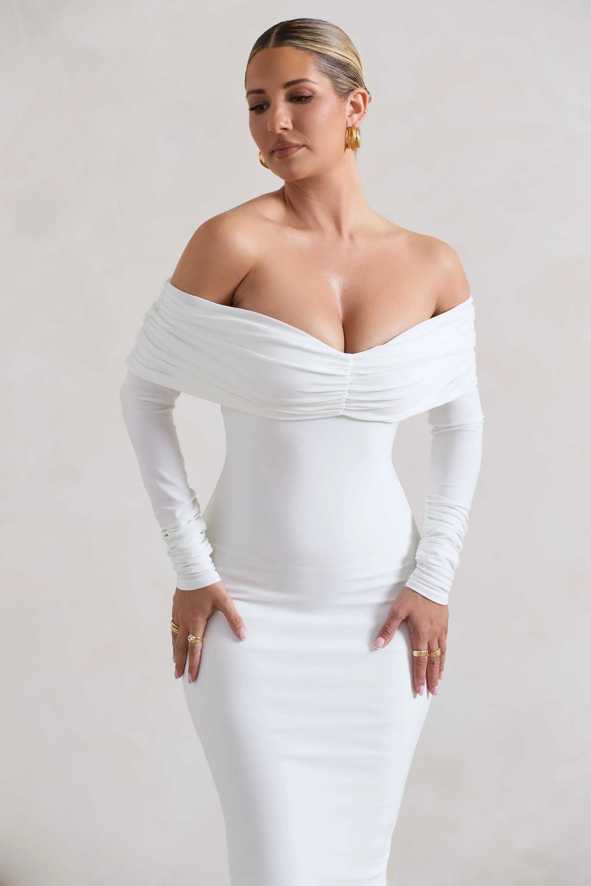 Marcella | White Bodycon Bardot Midi Dress