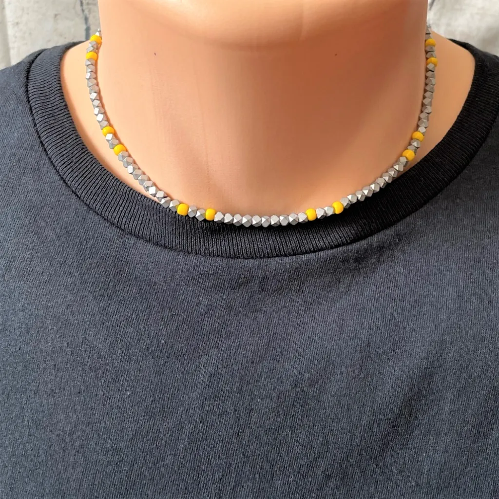 Matte Silver Hematite Hexcut and Yellow Mens Beaded Necklace