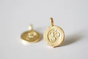 Matte Wholesale Vermeil Gold Spiritual Yoga Ohm Om Symbol Charm -18kt gold plated over Sterling Silver Om tag pendants, Gold Ohm om disc, 35