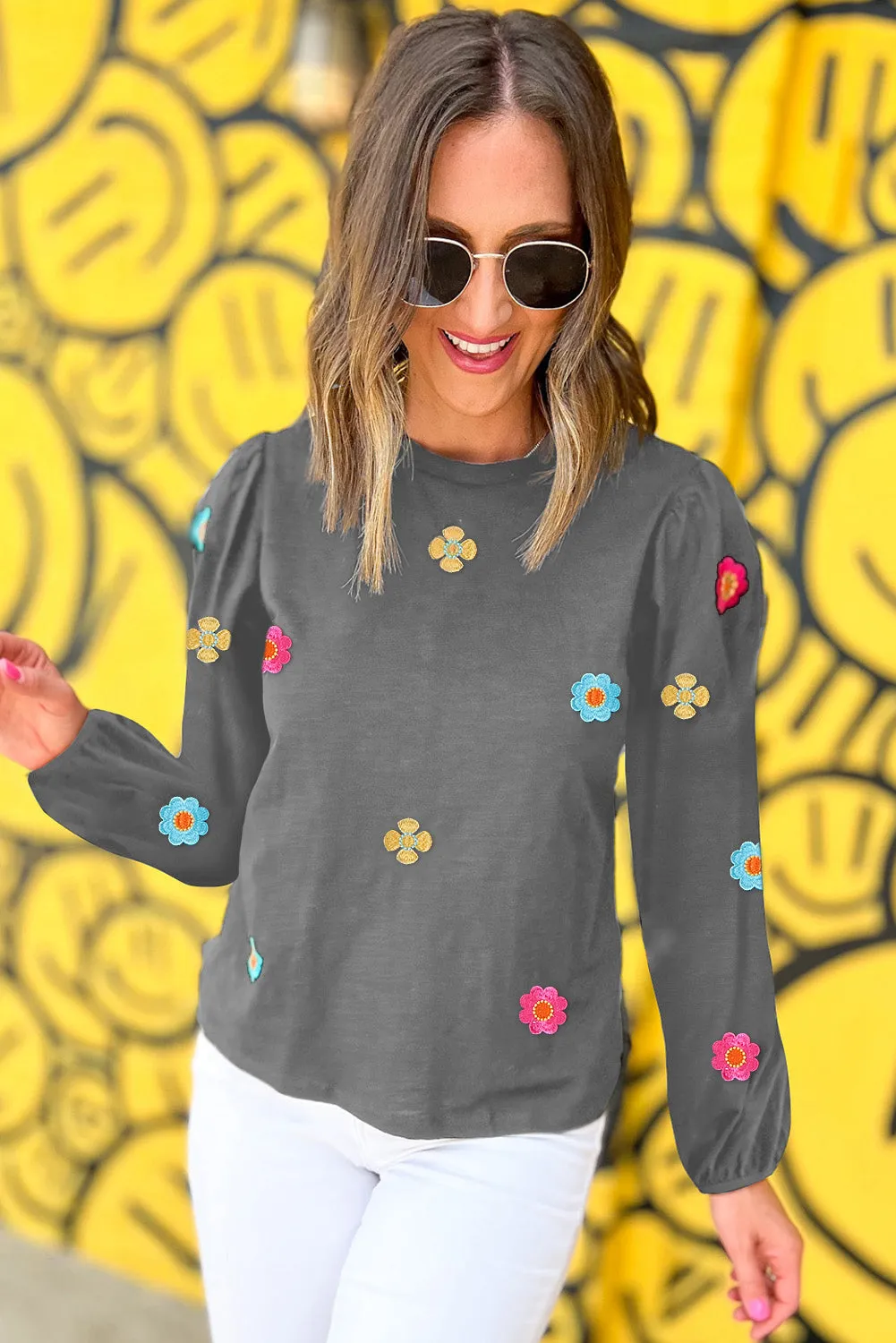 Medium Grey Floral Embroidered Puff Sleeve Blouse