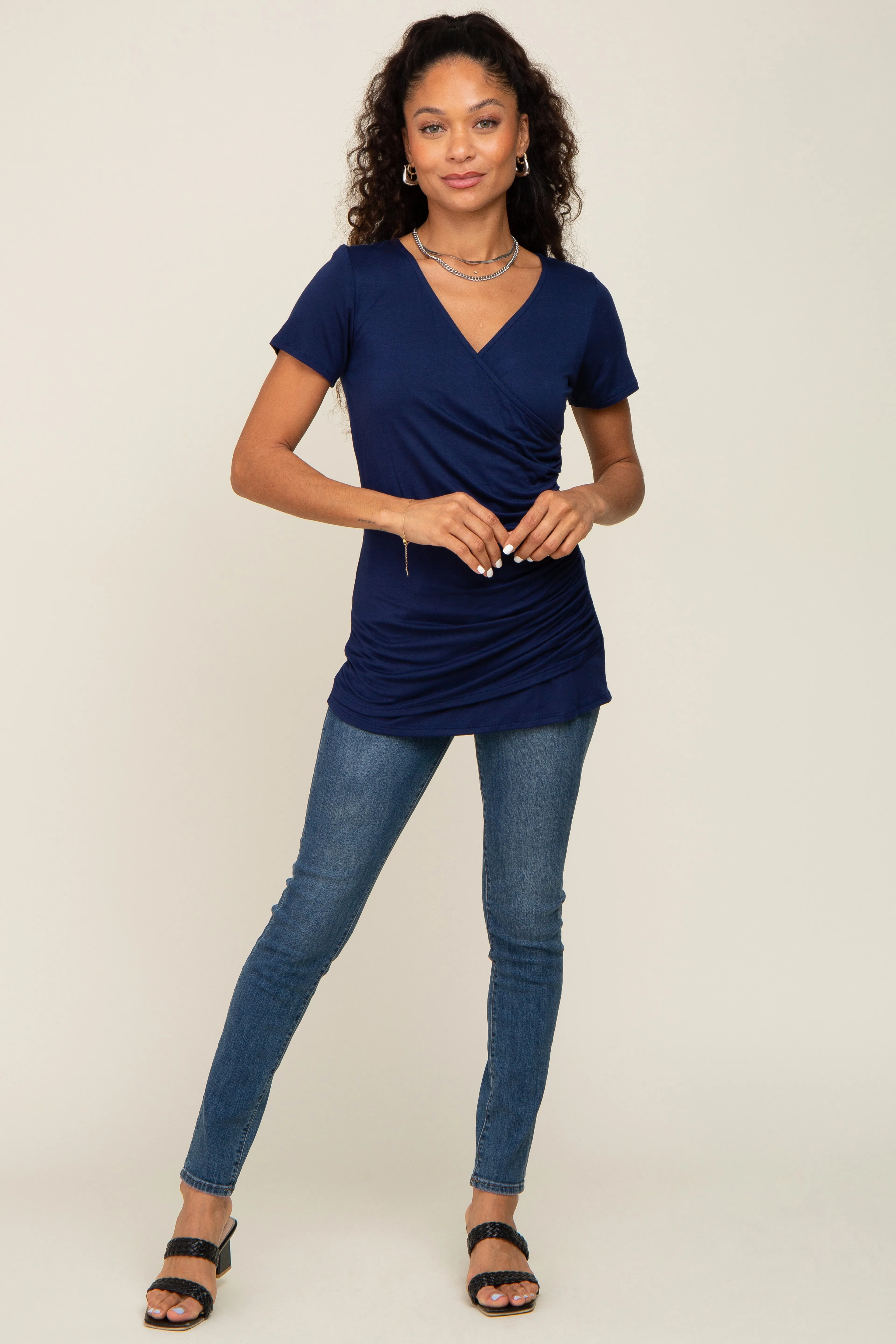 Navy Wrap Front Nursing Top