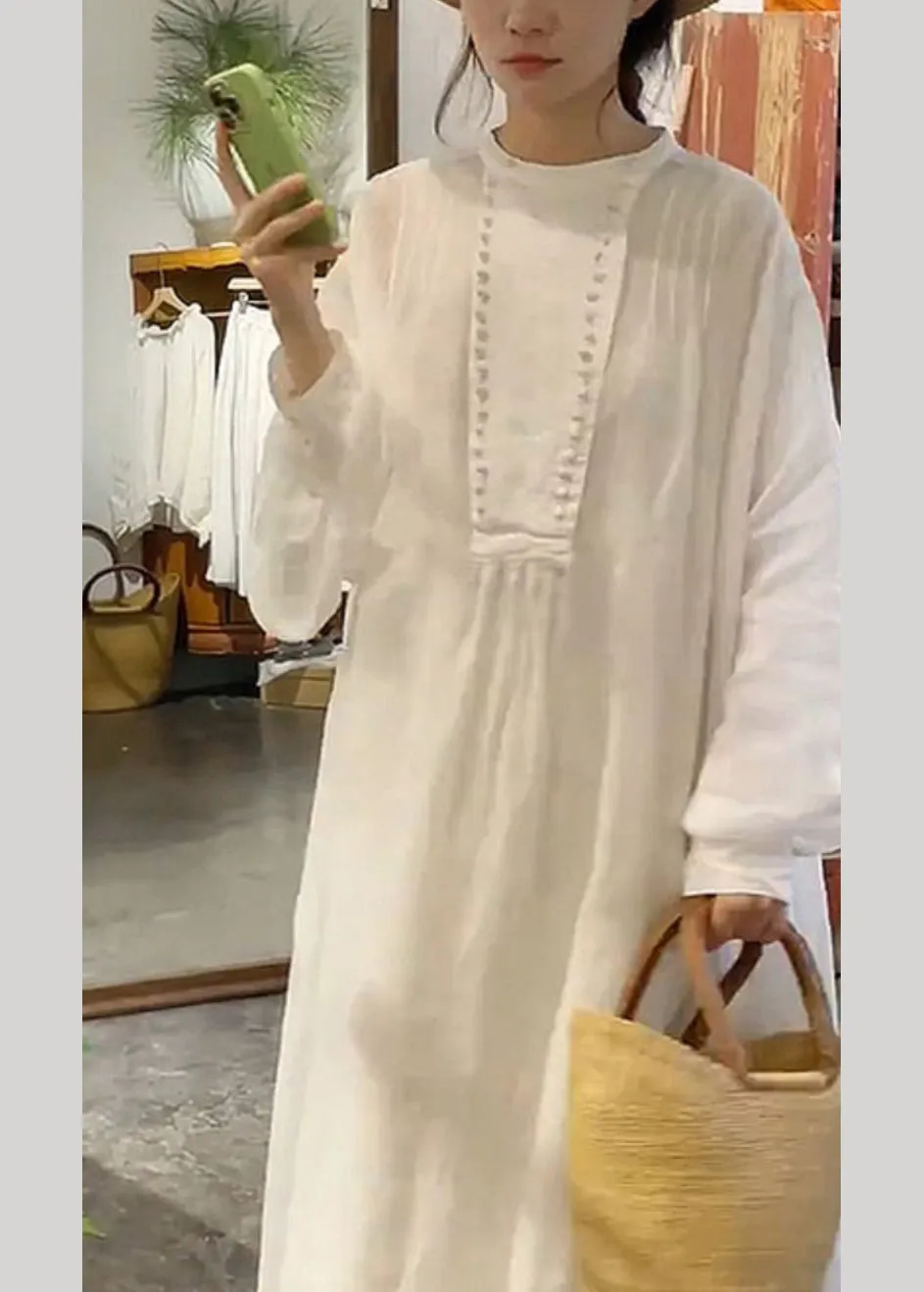 New White Solid O-Neck Cotton Long Dress Spring AS1003