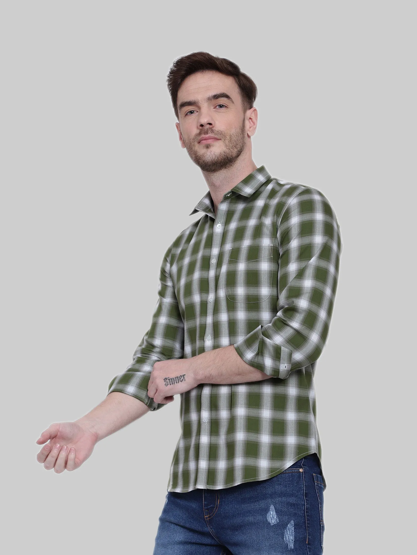 Olive Gingham Checkered Full Sleeve Cotton Shirt