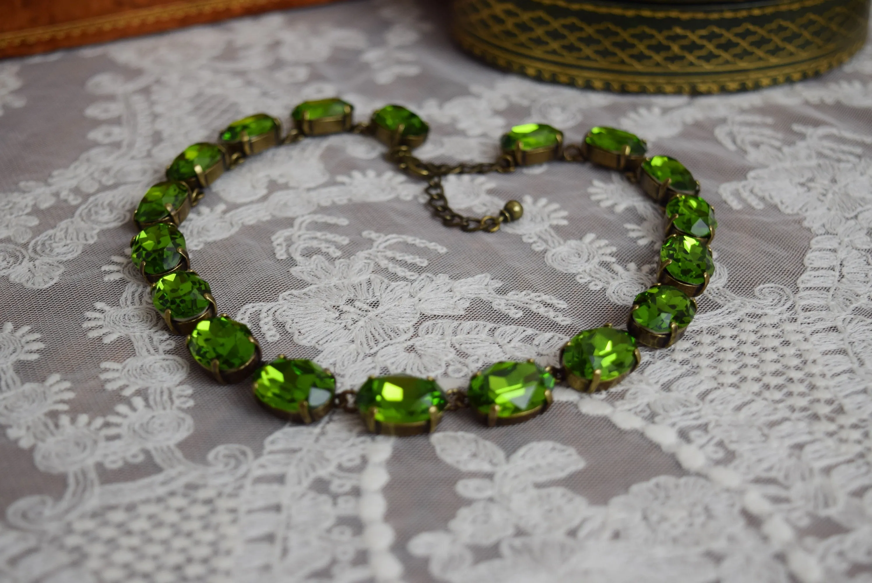 Olive Green Aurora Crystal Collet Necklace - Large Oval