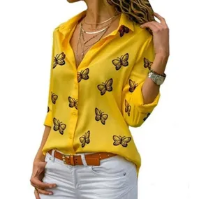 Oversized S-5XL Women Butterfly Print Loose Blouse Shirts Summer Female Long Sleeve Button Baggy OL Workwear Tops ARJ-199Y