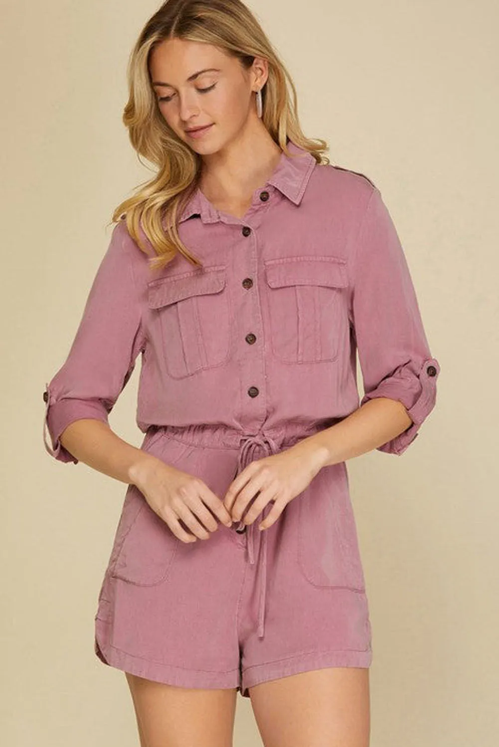 Peach Blossom Roll up Sleeve Flap Pockets Drawstring Playsuit