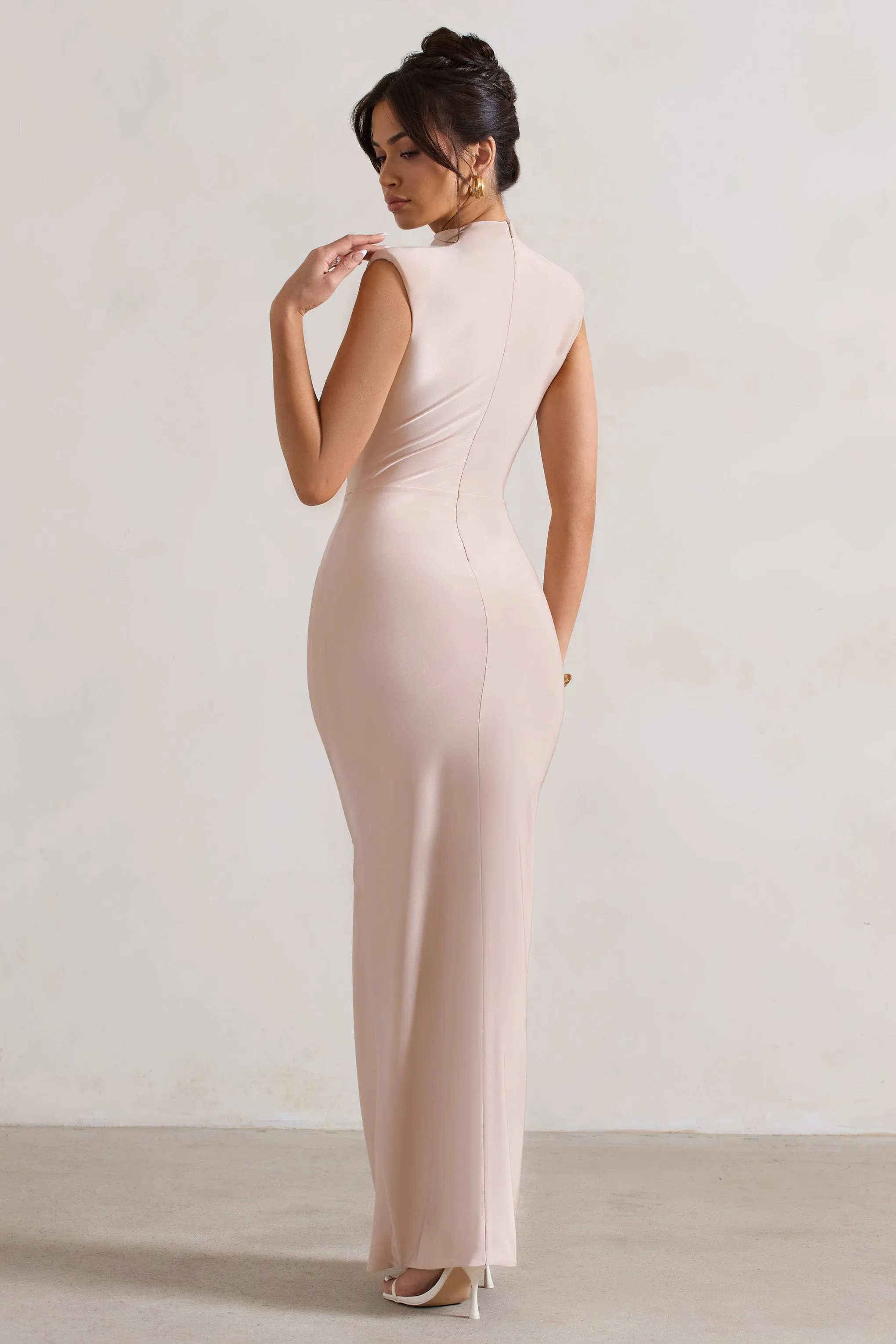 Samira | Champagne Ruched High-Neck Split Maxi Dress