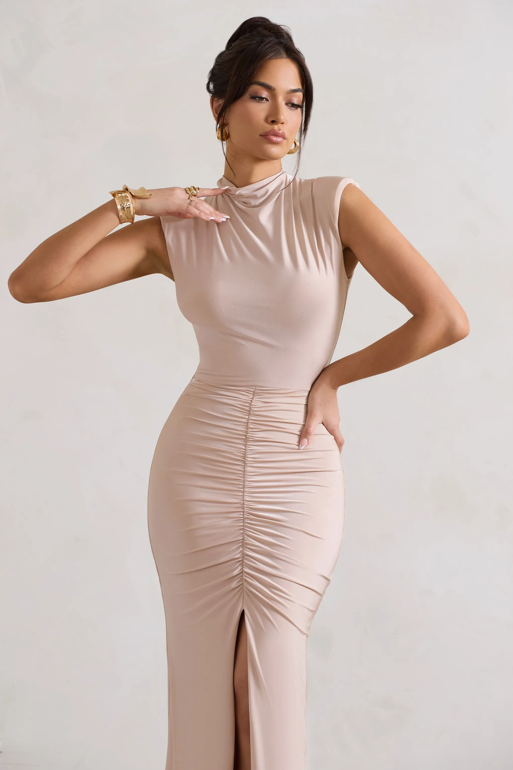 Samira | Champagne Ruched High-Neck Split Maxi Dress