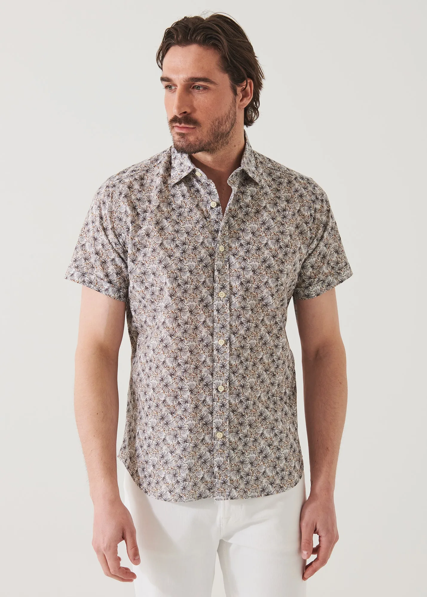 SHORT SLEEVE LEAF PRINT COTTON BUTTON UP