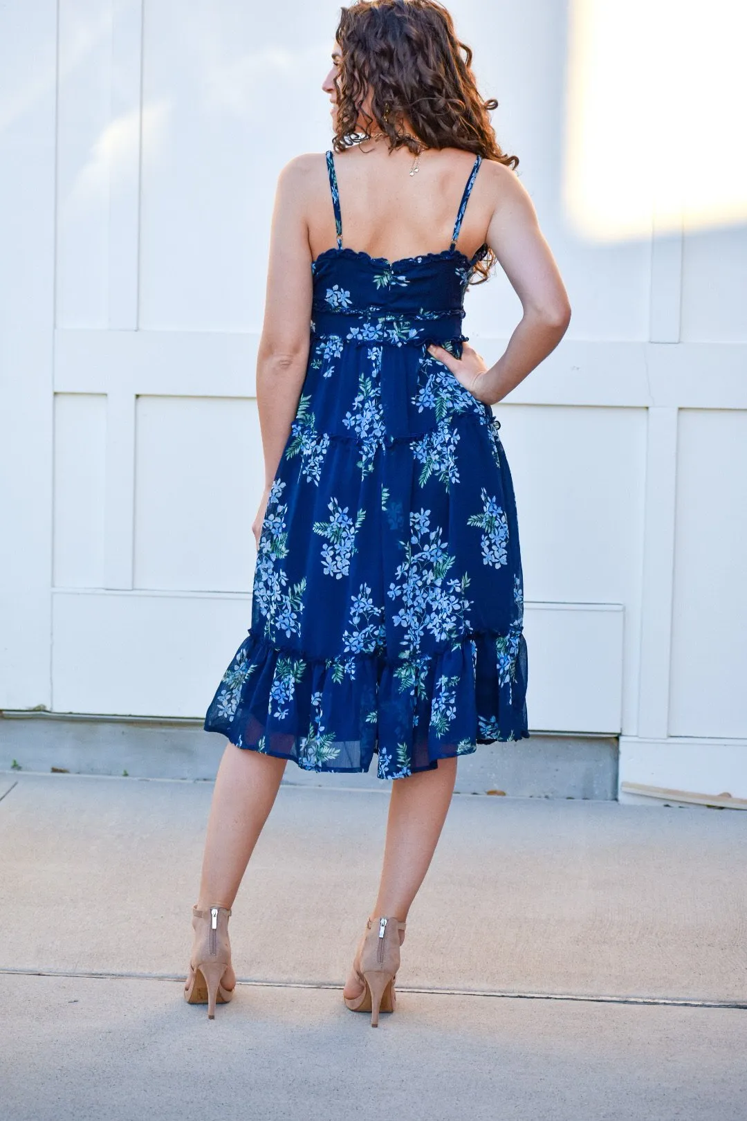 Silence Navy Floral Midi Dress