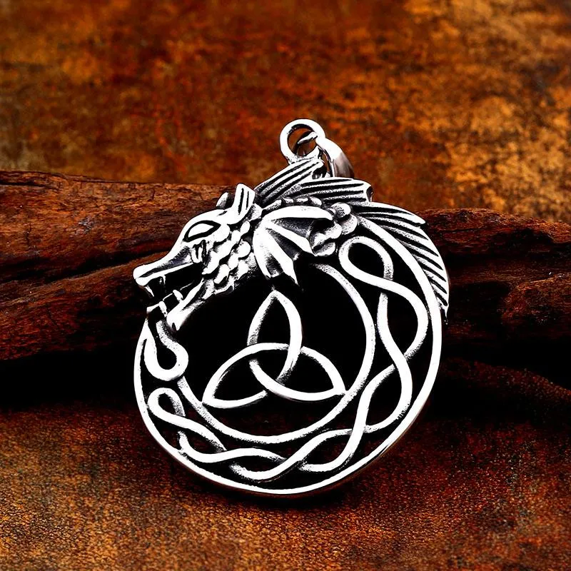 Silver Dragon Head Pendant Around Triquetra Symbol