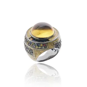 Sterling Silver Statement Ring with Metallic Olive Enamel, Mixed Sapphires & Citrine