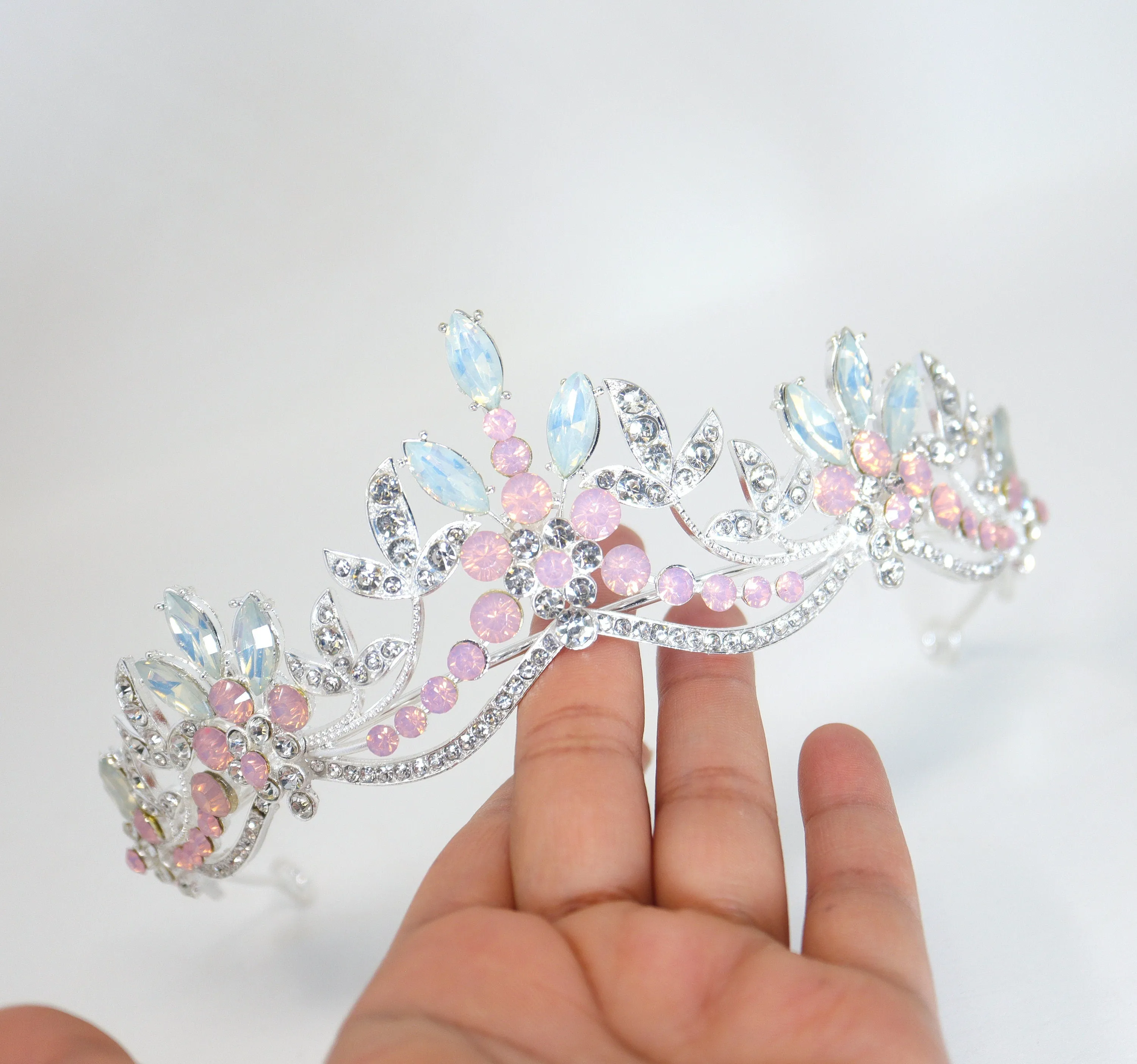 Swarovski Crystal Something Blue Opal And Pink Floral Leaves Tiara , Bridal Tiara, Crystal Wedding Tiara, Crystal Wedding Crown, Tiara Bride