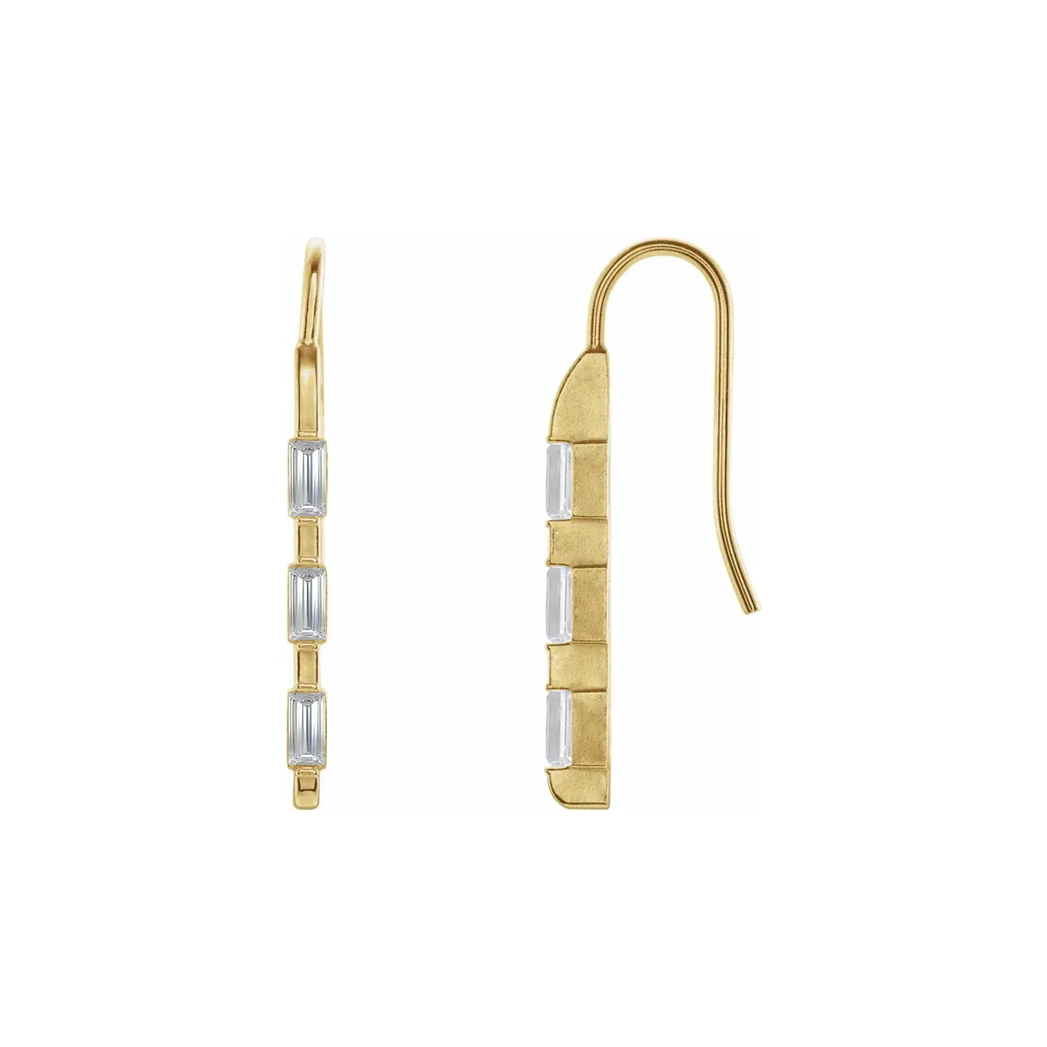 Three Stone Bar Dangle Earrings Yellow Gold