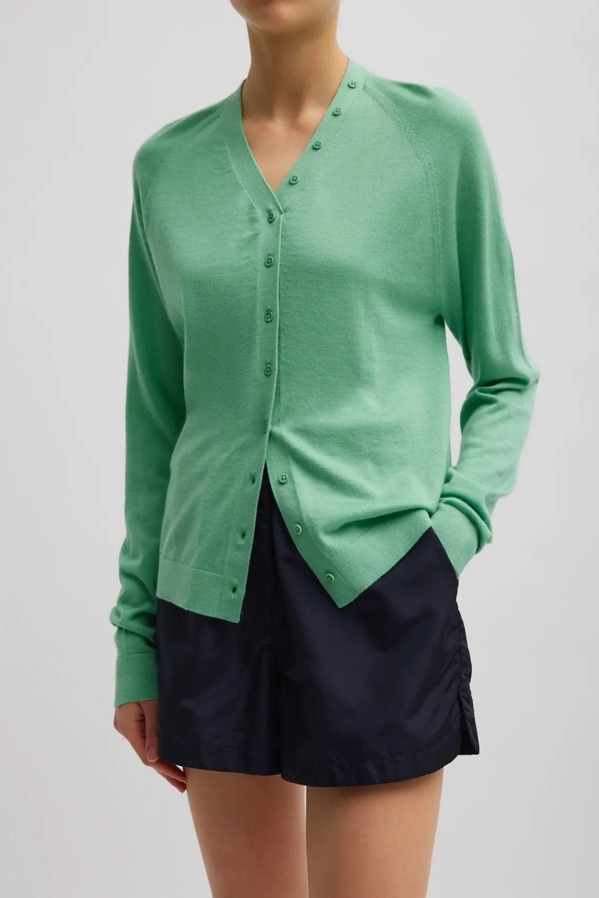 Tibi Cashmere Silk Blend Slim Cardigan - Green Tea