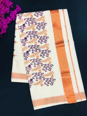 Traditional Kerala Cotton Saree With Leaf Brocades And Copper Zari Border