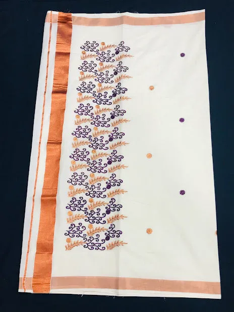 Traditional Kerala Cotton Saree With Leaf Brocades And Copper Zari Border