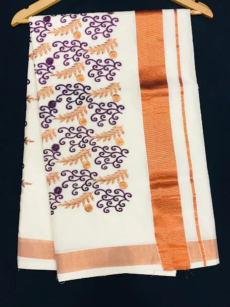 Traditional Kerala Cotton Saree With Leaf Brocades And Copper Zari Border