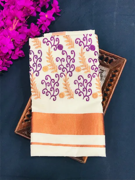 Traditional Kerala Cotton Saree With Leaf Brocades And Copper Zari Border