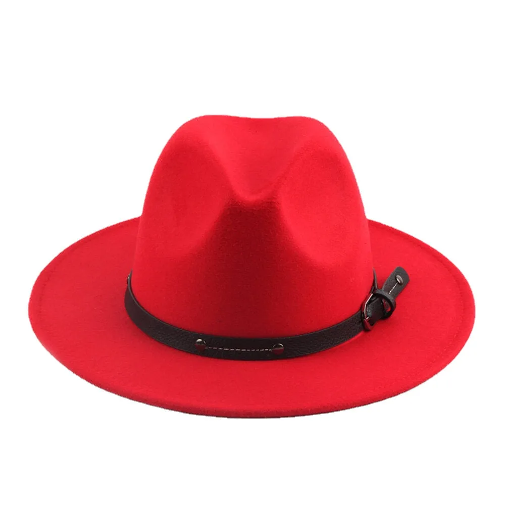 Unisex British Style Leather Belt Buckle Flat Brim Top Hat Fashion Outdoor Wide Brim Felt Hat