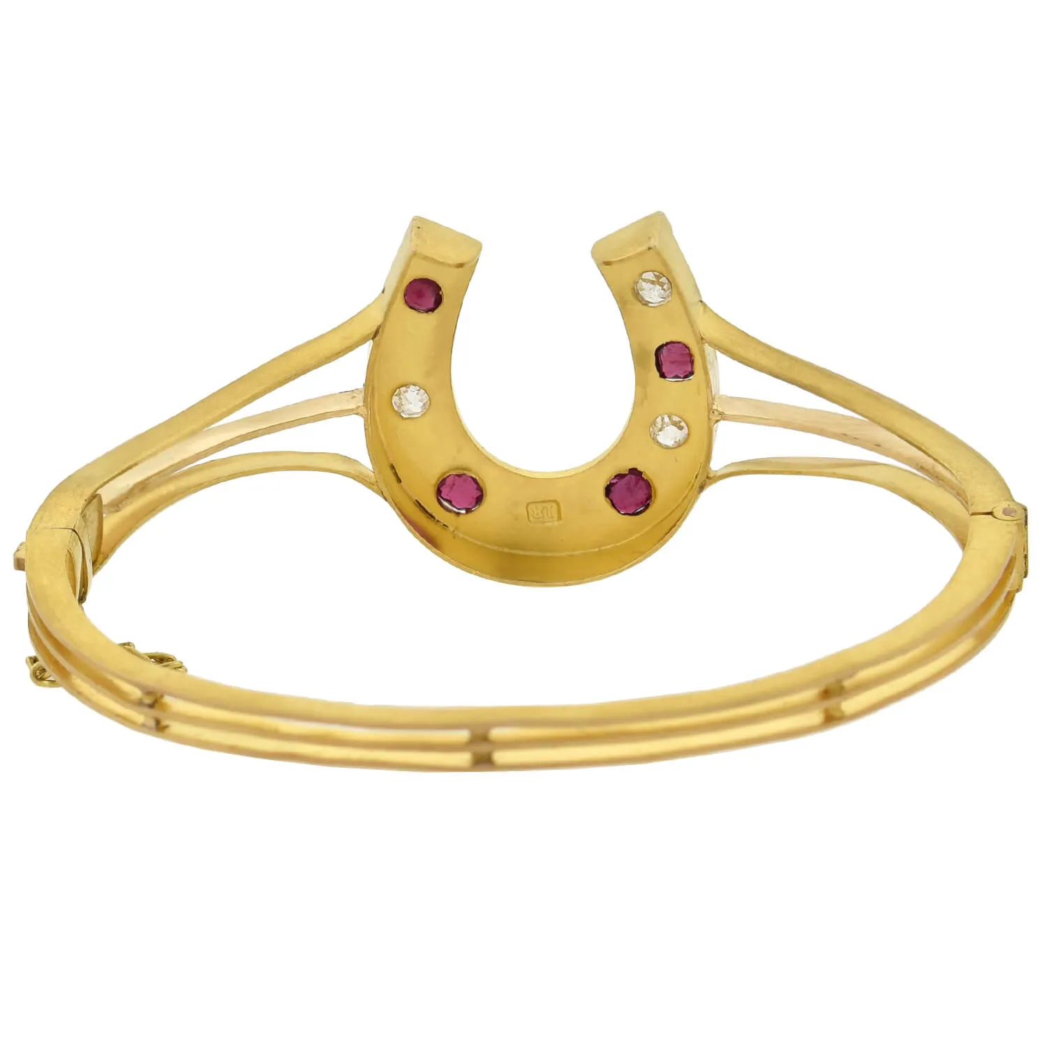 Victorian 18kt Diamond   Natural Ruby Horseshoe Bangle Bracelet