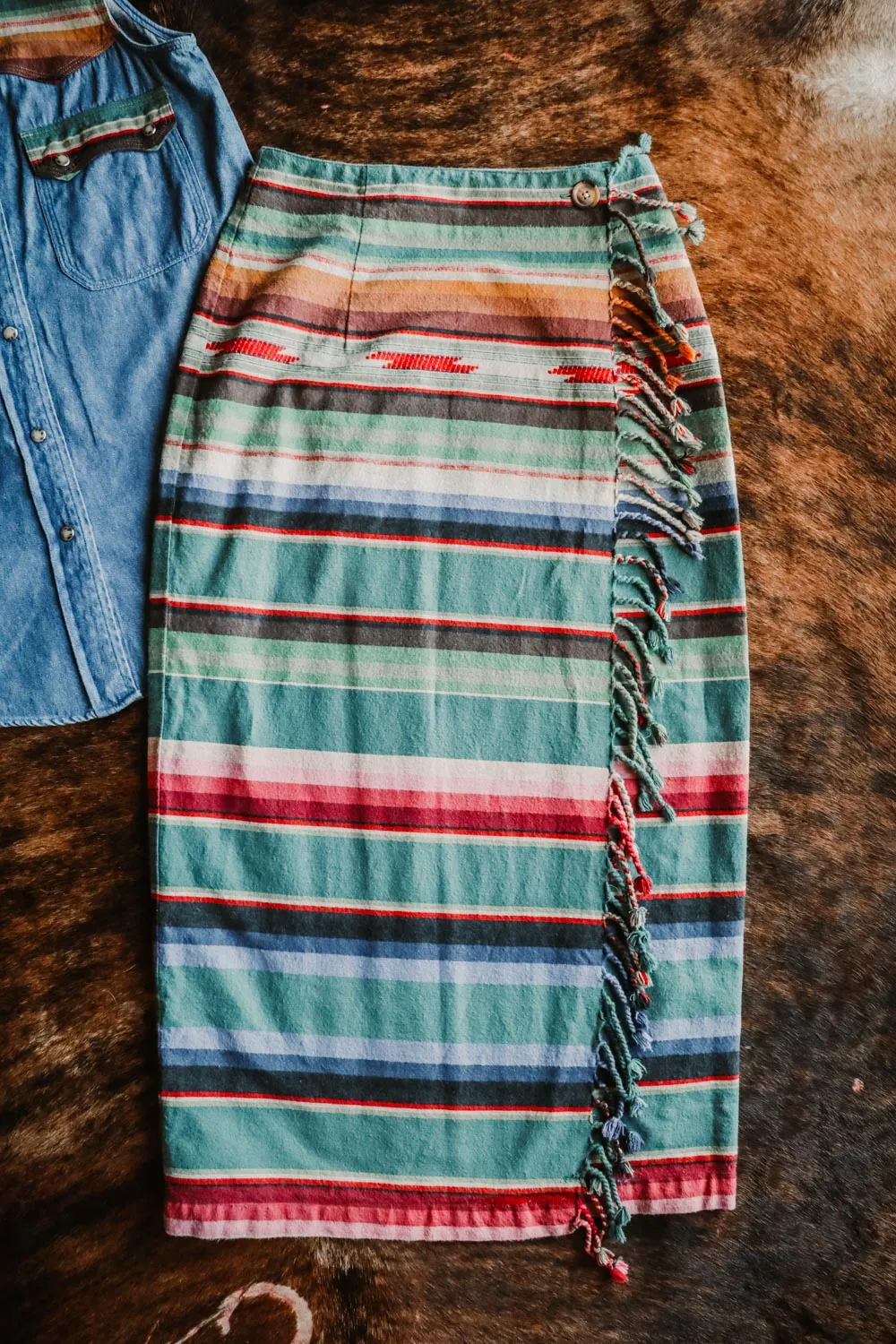 Vintage Southwest Denim Top and Serape Wrap Skirt Set