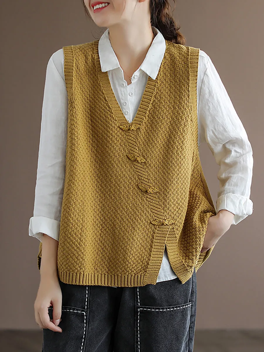 Women Button Knitted Split Sleeveless Vest Waistcoat Sweater