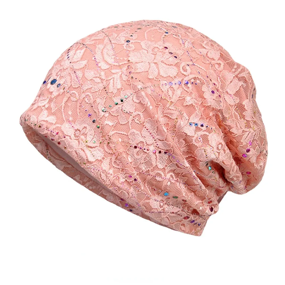 Women Colorful Epoxy Lace Hollow Beanie Hat Summer Thin Breathable Soft Floral Pattern Baotou Hat Headscarf Bonnet Hat