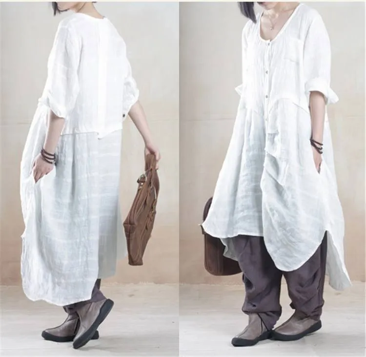 Women Plus Size Linen Summer Irregular Shirt Dress