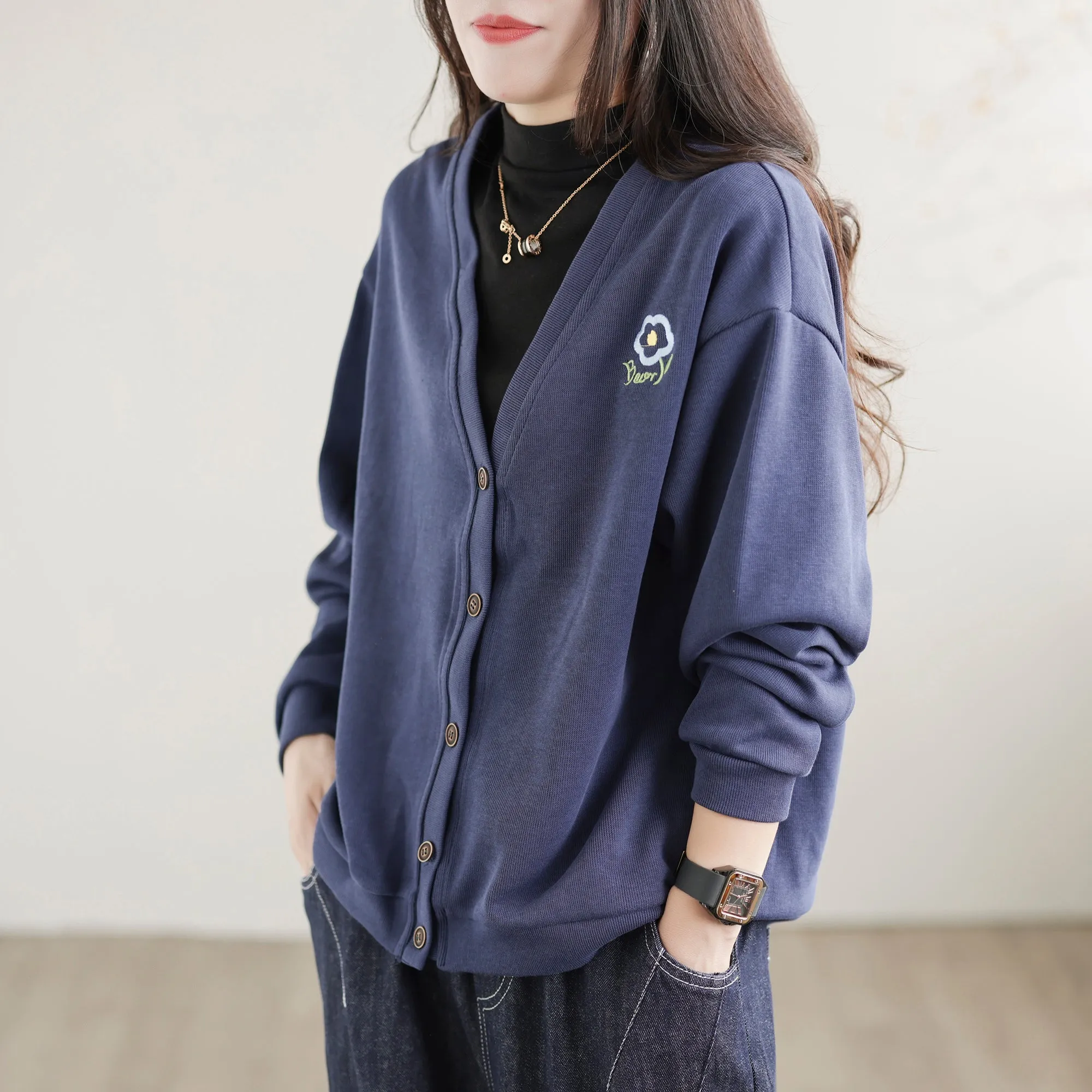 Women Solid Embroidery Loose V-Neck Jacket