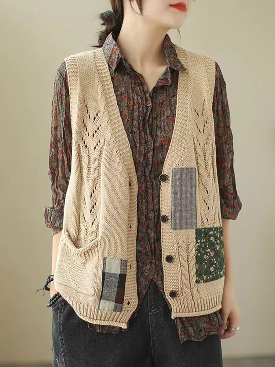 Women Spring Retro Patch Spliced Knitted Vest