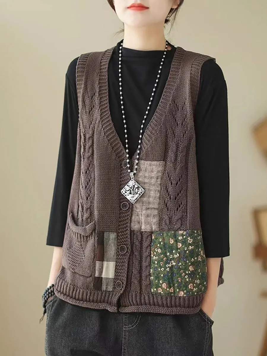 Women Spring Retro Patch Spliced Knitted Vest