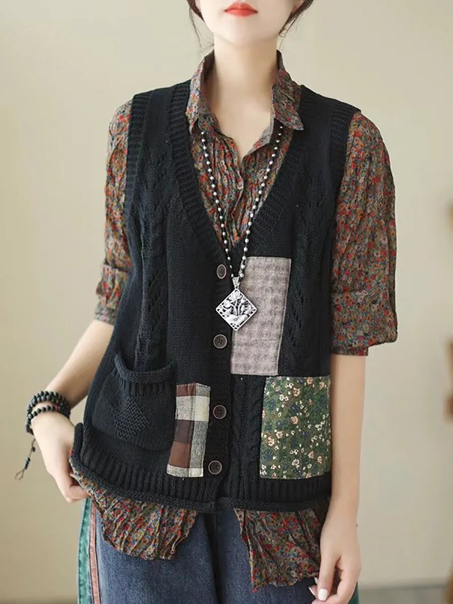 Women Spring Retro Patch Spliced Knitted Vest